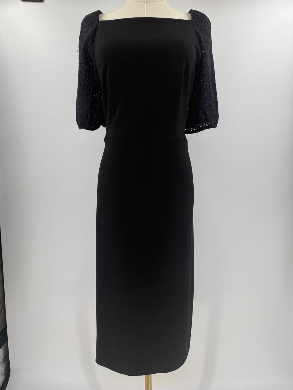 Black Square-Neck Midi Dress with Puff Sleeves